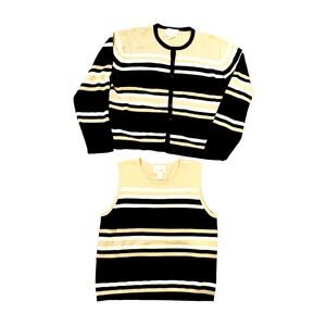 Christopher & Banks Sweater L Vest Set Striped Black Tan White Cardigan Button